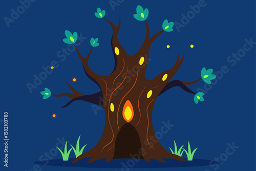 hollow tree filled with glowing flora
