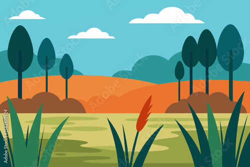 marshland with tall grasses and distant trees