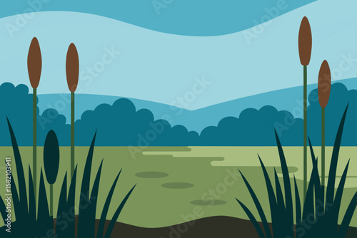 marshland with tall grasses and distant trees