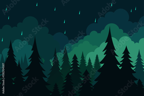shadowy evergreen forest during rainfall