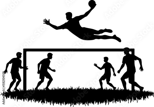 football player silhouette with goalpost, silhouette, vector, illustration, people, woman, jump, sport, fun, grunge, drawing, black, men, tree, art, action, boy, jumping, dance, design