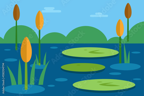 still pond covered with lily pads and reeds