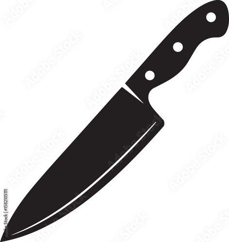 Black silhouette of a chef knife with a riveted handle on a white background