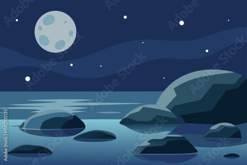 wet rocks glistening on a moonlit shoreline