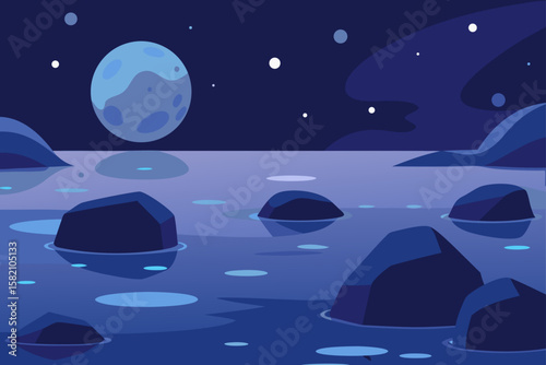 wet rocks glistening on a moonlit shoreline
