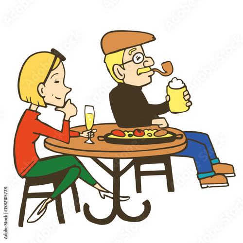 テラスで食事をしながらくつろぐシニア夫婦のイラスト
