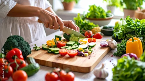 Woman expertly slicing fresh vegetables on a wooden cutting board ready to cook