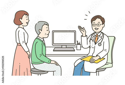 病院で診察を受ける高齢男性と付き添いの女性と医師の上半身イラスト
