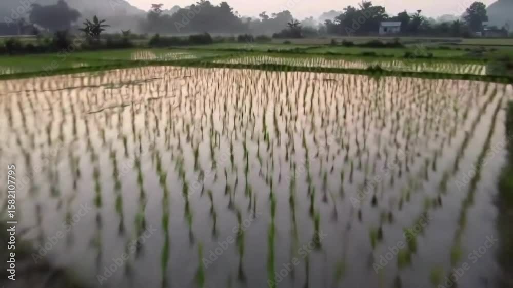Vibrant green rice paddies in Thailand or Vietnam reflect the sky and clouds, creating a serene rural landscape