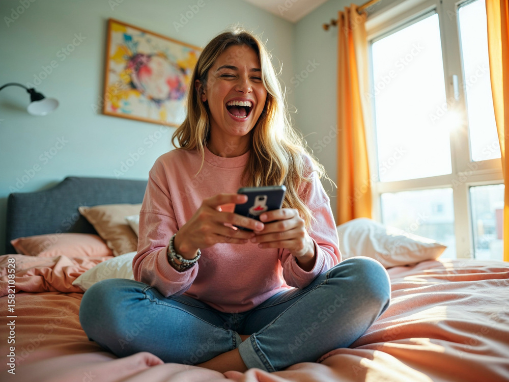 Obraz premium Happy Woman Laughing While Playing Game on Phone