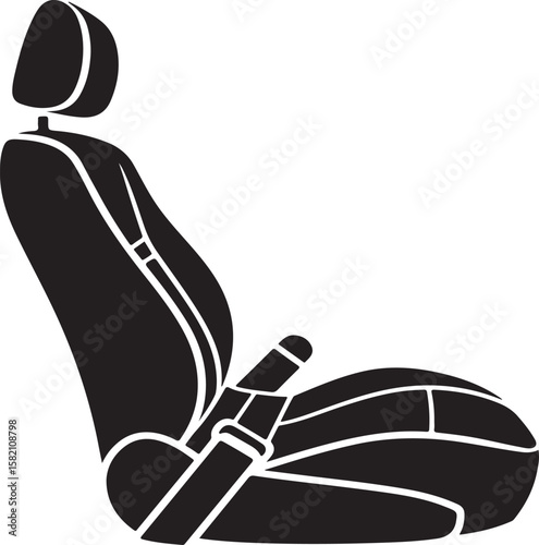 Black silhouette of a car seat with a seatbelt buckle and headrest