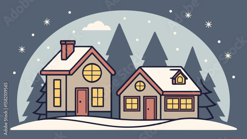Cozy winter cabins nestled in a snowy forest, minimalist line art style, peaceful and idyllic nighttime scene, perfect for holiday cards or winter travel brochures.