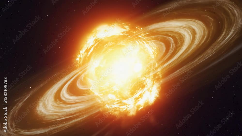 Exploding Star Supernova Animation with Bright Solar Flare and Rotating Rings in Deep Space