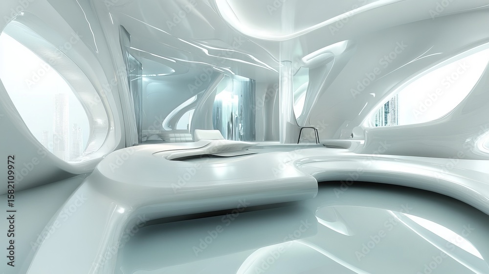 Fototapeta premium Futuristic, white interior design with flowing shapes