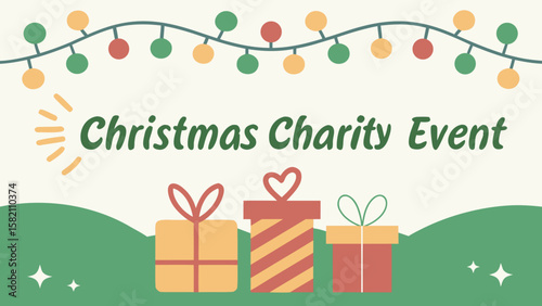 Christmas Charity Event: Festive Illustration Featuring Wrapped Gifts, String Lights, and a Whimsical, Hopeful Mood, Ideal for Holiday Fundraising Campaigns and Nonprofit Organizations.