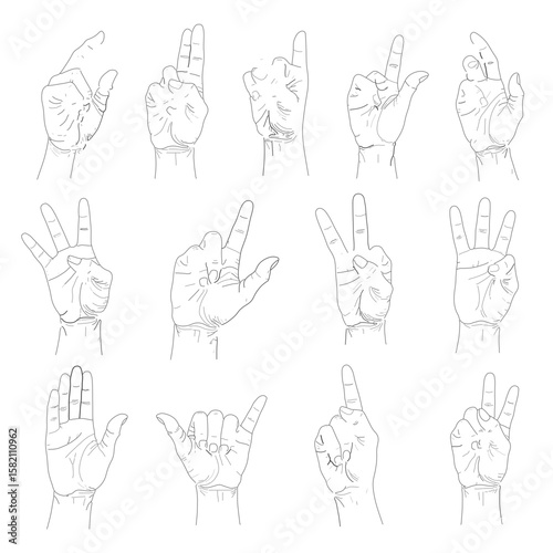 Set of hand drawn gesture icons with fingers and palms in vector illustration style