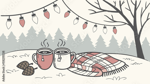 Cozy Winter Wonderland: Two Mugs of Hot Tea, Plaid Blanket, Festive String Lights, Pine Cones, and a Snowy Forest Backdrop, Hand-Drawn Illustration.
