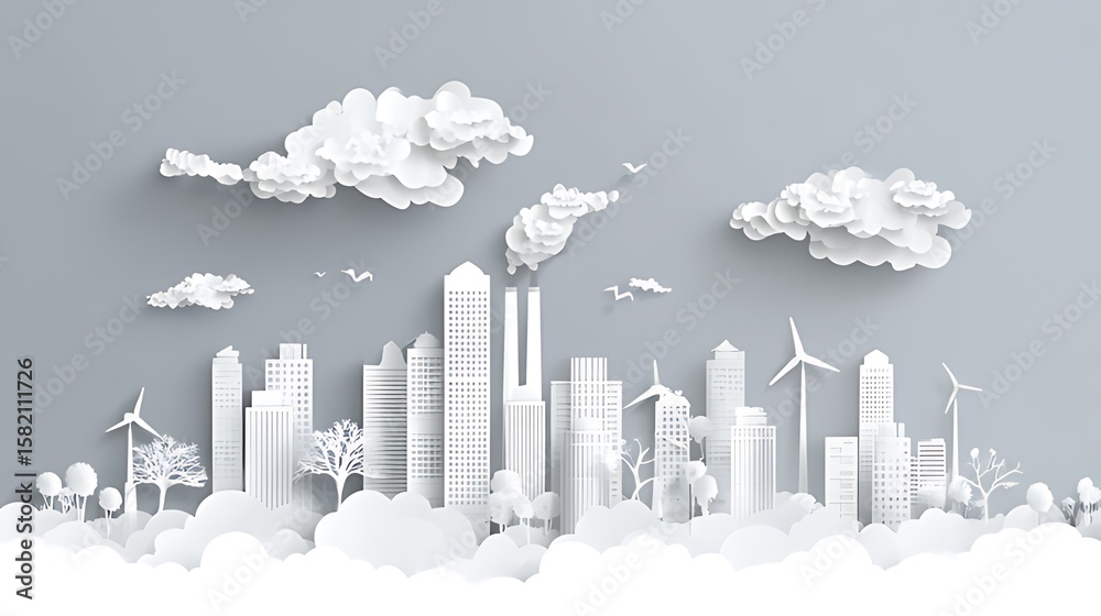 Obraz premium Sustainable Cityscape: Paper Cut Illustration of Eco-Friendly Urban Design, A stylized, paper-cut cityscape showcasing a modern metropolis nestled amidst lush green hills.