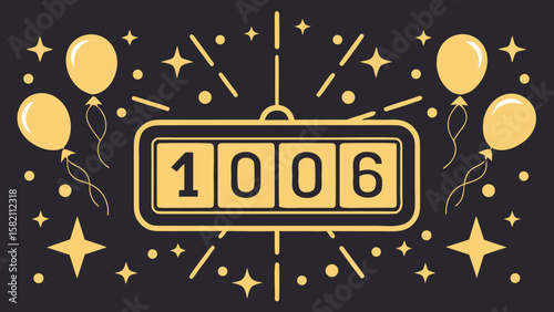Retro Flip Clock Displaying 1006, Festive Celebration, Gold Balloons, Dark Background, Minimalist Style, Elegant Design, Anniversary, Milestone, Achievement, Special Occasion, Vector Illustration.