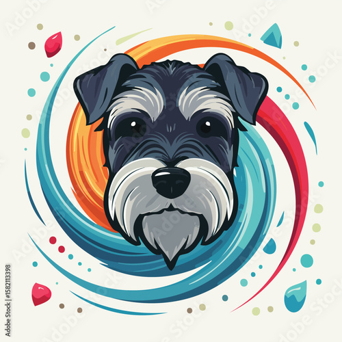Miniature Schnauzer in a Whimsical Scene with Vibrant Swirl Motions All Around.