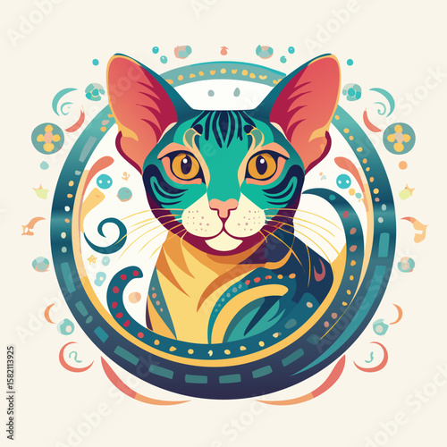 Oriental Shorthair in a Whimsical Scene with Vibrant Swirl Motions All Around.