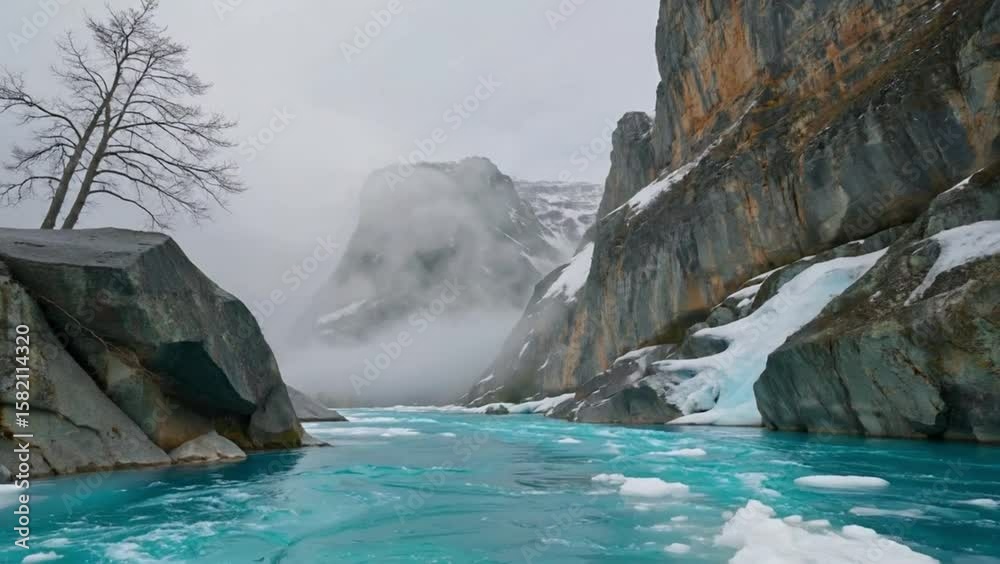 Turquoise River Flowing Through Rocky Canyon Landscape with Snow and Fog.