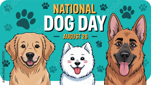 National dog day august celebrate dogs golden retriever german shepherd samoyed illustration