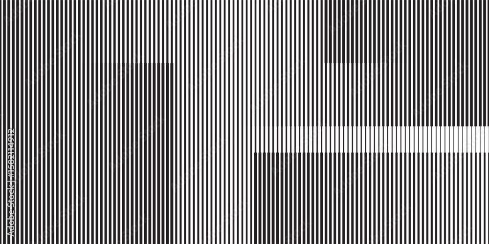 Naklejka premium Narrow black-white vertical lines. Symmetric geometric ornament. Striped seamless pattern, abstract wallpaper. Digital paper for textile print, page fill. Vector