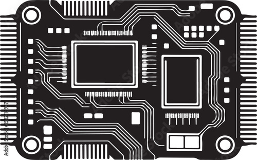 Stylized black and white illustration of a modern electronic circuit board with intricate pathways