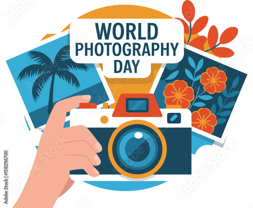 World photography day celebration vector design with camera and scenic images for social media
