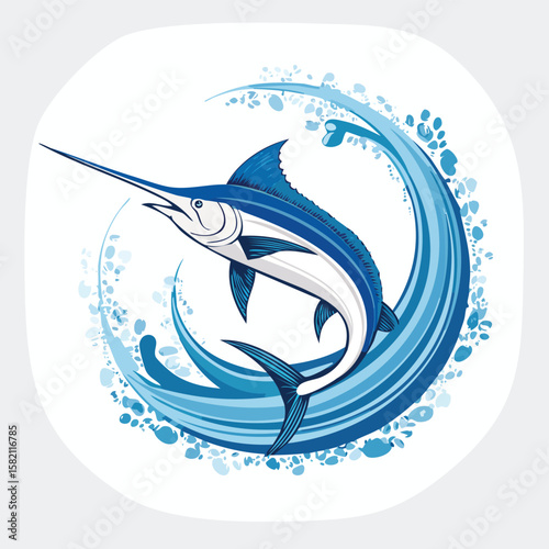 Blue Marlin in a Whimsical Scene with Vibrant Swirl Motions All Around.