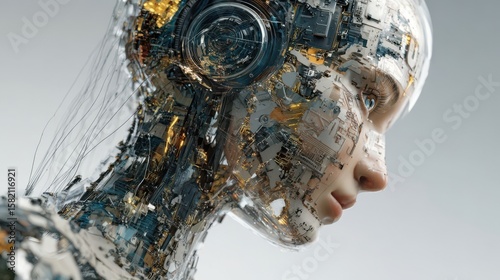 Cybernetic Human Head with Integrated Circuitry and Mechanical Components