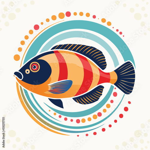 Oscar Fish in a Whimsical Scene with Vibrant Swirl Motions All Around.