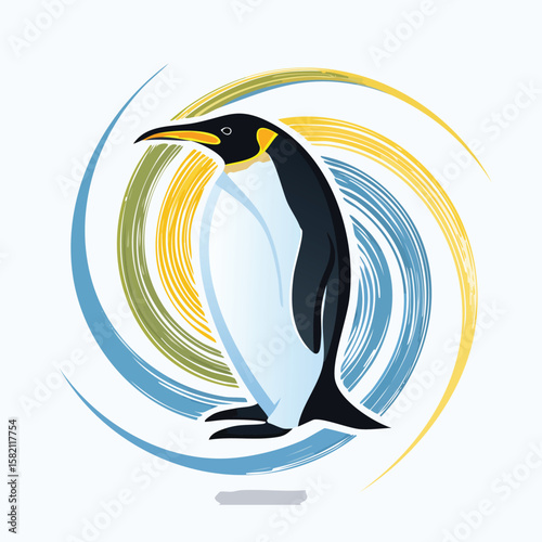 Emperor Penguin in a Whimsical Scene with Vibrant Swirl Motions All Around.