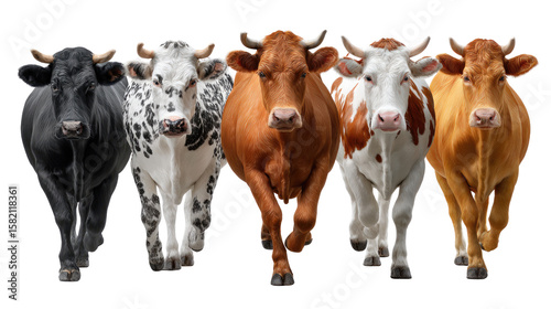 Diverse Cattle Herd Charging Forward: A vibrant herd of five distinct cattle breeds boldly charges forward, their coats and horns creating a dynamic and engaging spectacle.