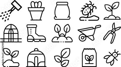 gardening tools and plant care icon set, vector illustration