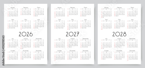2026, 2027, 2028 calendars. Calender templates. Yearly organizer with 12 month. Week starts Sunday. Scheduler layout in English. Simple pocket planner. Vector illustration. Portrait orientation, A4.