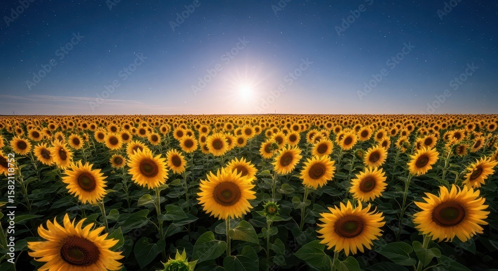 Fototapeta premium A vast field of sunflowers stretches under a starry night sky