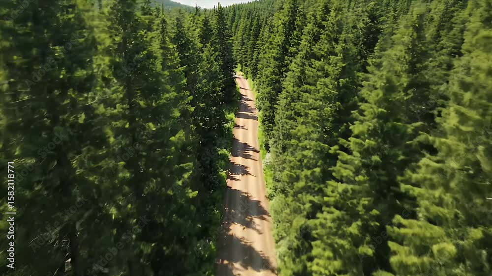 Aerial view of a dirt road winding through a dense forest of evergreen trees