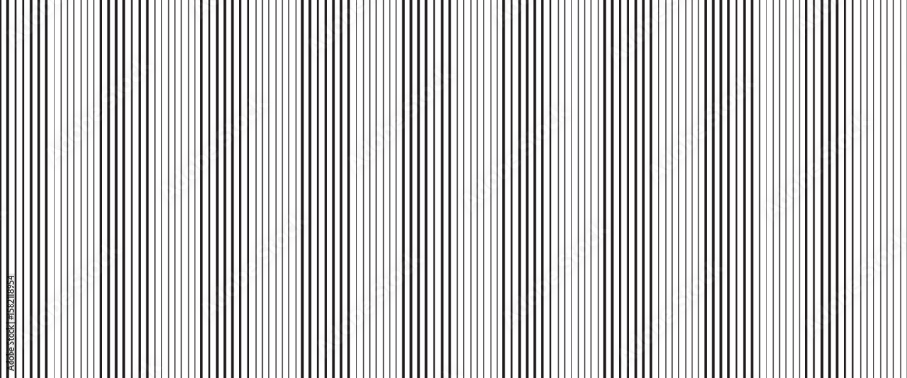 Fototapeta premium Narrow black-white vertical lines. Symmetric geometric ornament. Striped seamless pattern, abstract wallpaper. Digital paper for textile print, page fill. Vector