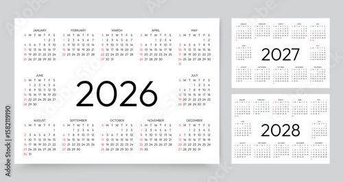 Calendar 2026, 2027, 2028 years. Calender templates. Planer grid. Week starts Sunday. Planner layout with 12 months. Desk diary in English. Vector illustration. Landscape orientation. Paper size A4