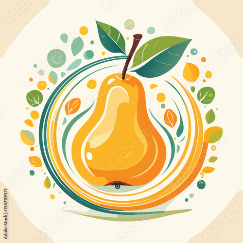 Pear in a Whimsical Scene with Vibrant Swirl Motions All Around.