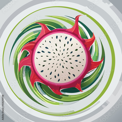 Dragon Fruit in a Whimsical Scene with Vibrant Swirl Motions All Around.
