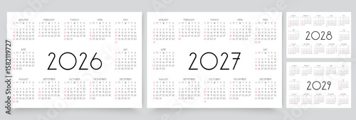 2026, 2027, 2028, 2029 calendars for year. Calender templates. Week starts Sunday. Desk planer grid. Planner layout with 12 months. Yearly diary in English. Vector illustration. Paper size A4