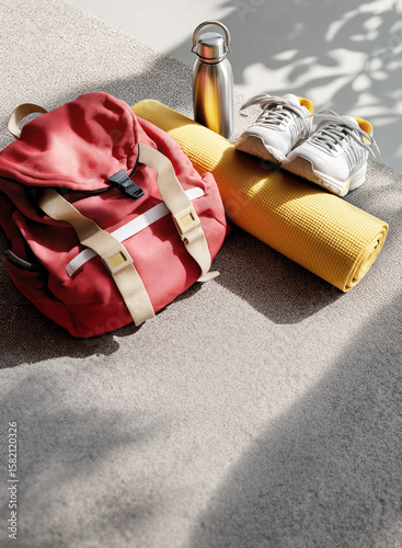 Red backpack placed beside a yellow yoga mat and a water bottle, with white sneakers resting nearby on a soft gray carpet, creating a vibrant and inviting back-to-school atmosphere