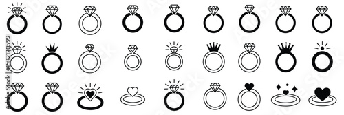 Engagement and Wedding Ring Vector Set Featuring Diamond Icons Representing Love and Marriage Perfect for Romantic Designs, Invitations, Greeting Cards, and Jewelry Branding Graphics

