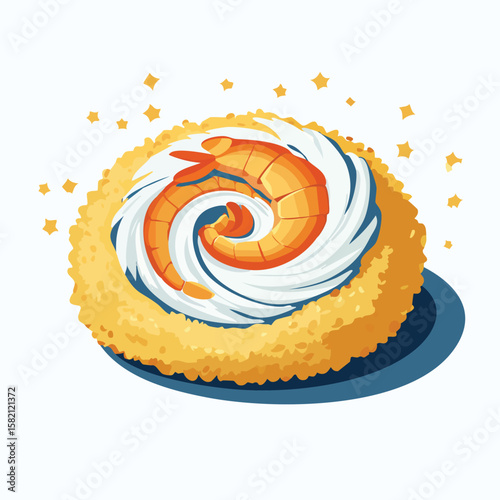 Shrimp Tempura in a Whimsical Scene with Vibrant Swirl Motions All Around.