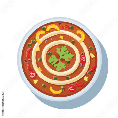 Chili Con Carne in a Whimsical Scene with Vibrant Swirl Motions All Around.