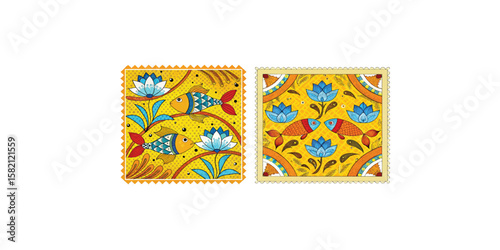 Print   Indian folk art vector design with lotus flowers ,leaves and hand drawn fish, indian Madhubani Artwork of fish.
