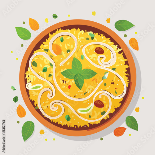 Biryani in a Whimsical Scene with Vibrant Swirl Motions All Around.